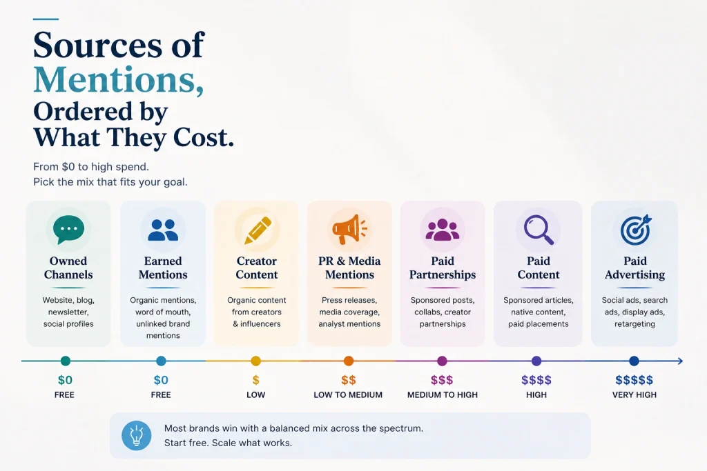 Sources of mentions ordered by what they cost