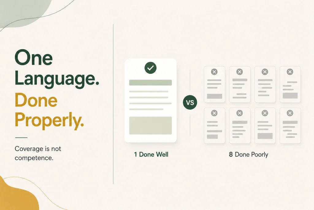 One language done properly against eight done badly

