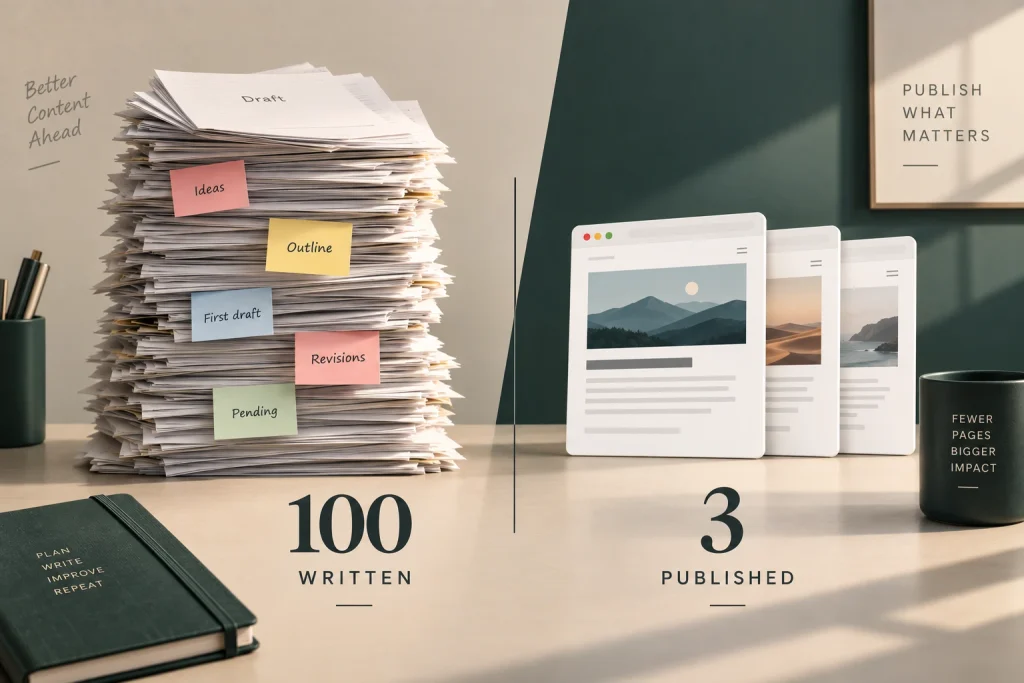 Three published pages against a hundred written