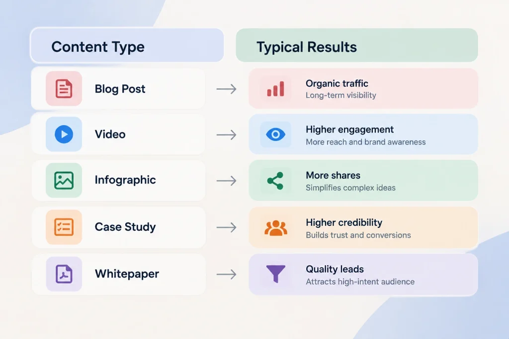 Content types beside the results they can produce

