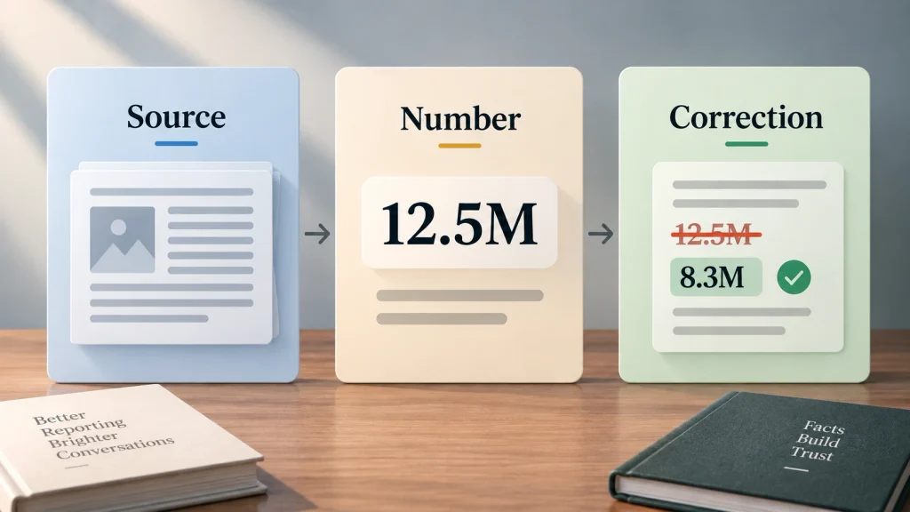 Source, number and correction, side by side