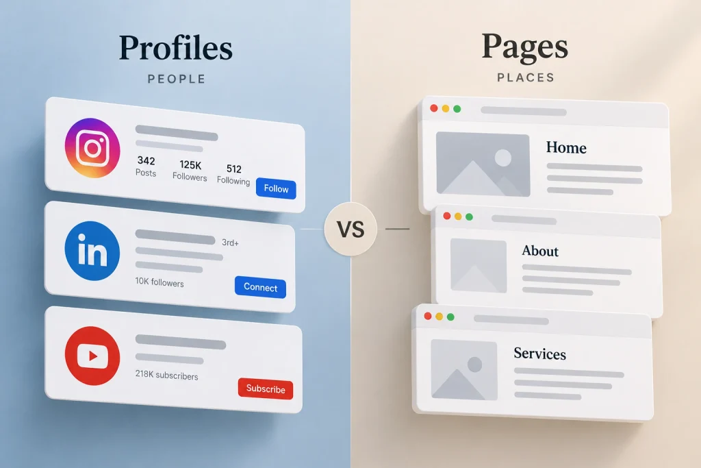 Profiles on one side, pages on the other