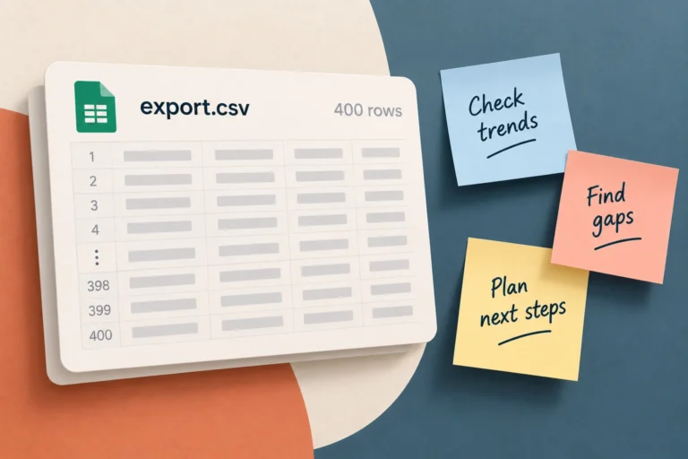 A four hundred row export beside three sticky notes