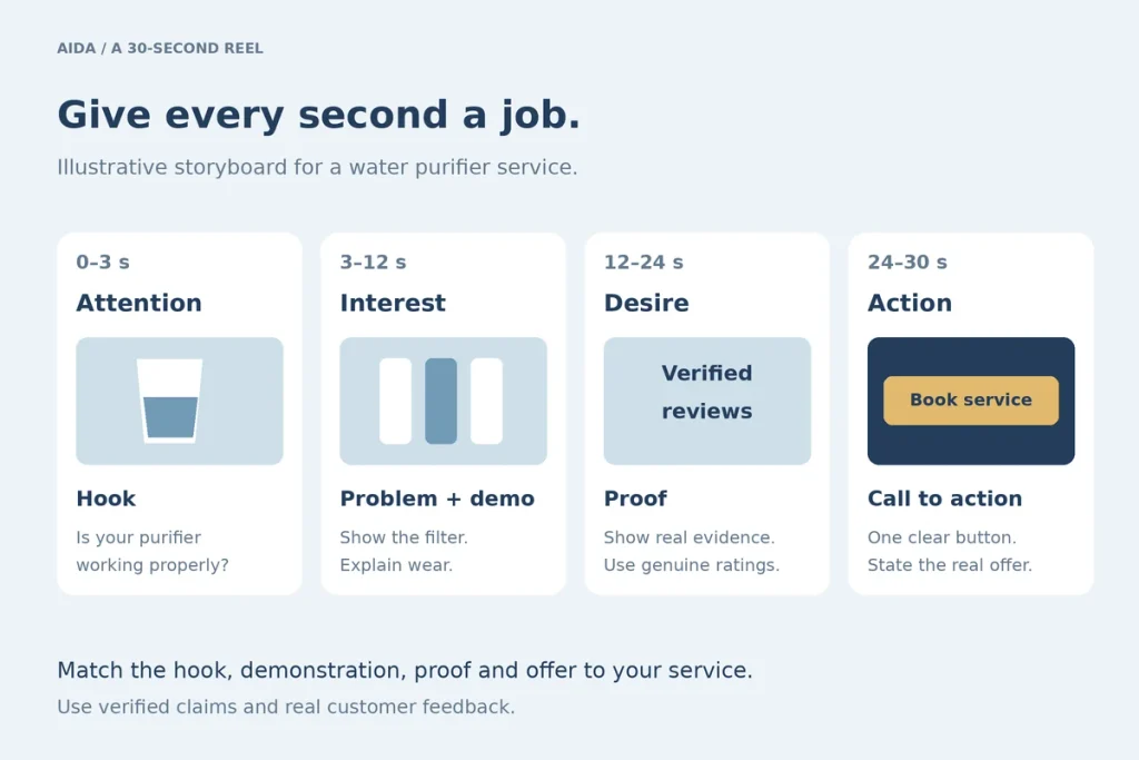 A 30-second Reel storyboard split into four parts: hook, problem and demo, proof, call to action