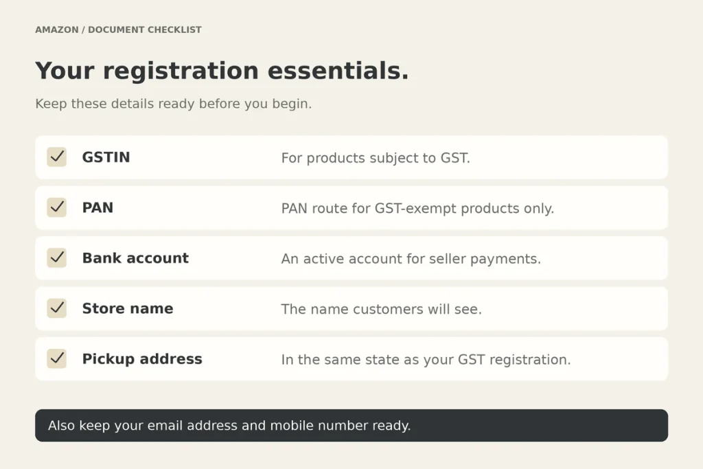 Checklist: GSTIN, PAN, bank account, store name, pickup address in the same state as GST registration