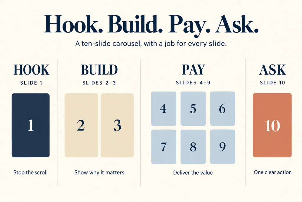 Diagram of a ten-slide carousel split into four parts: hook, build, pay and ask.