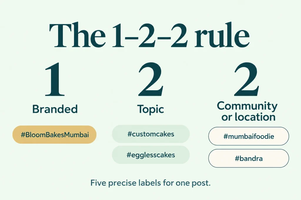 Diagram showing one branded hashtag, two topic hashtags and two community or location hashtags.