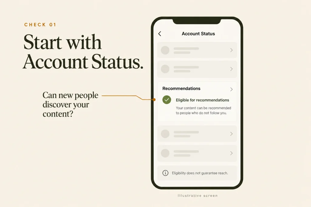  Instagram Account Status screen showing whether the account's content can be recommended to non-followers.