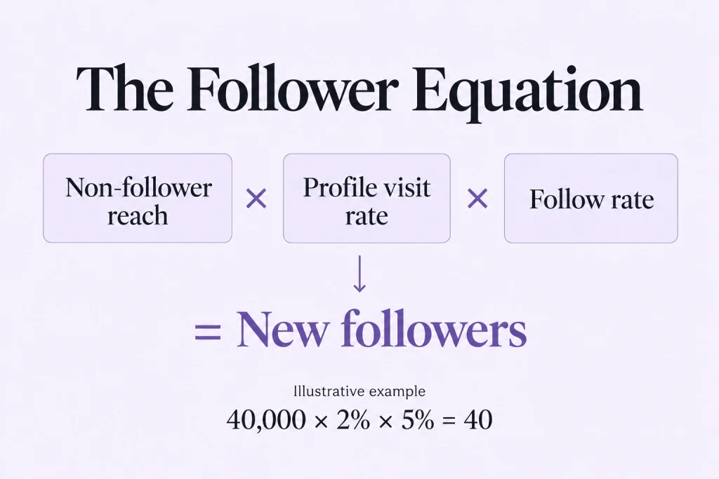 Diagram showing reach to non-followers multiplied by profile visit rate and follow rate equals new followers.
