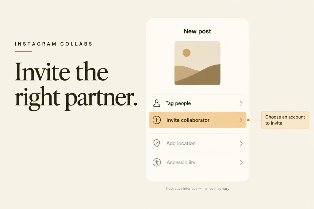 The Instagram post settings screen with the Invite collaborator option highlighted under Tag people.