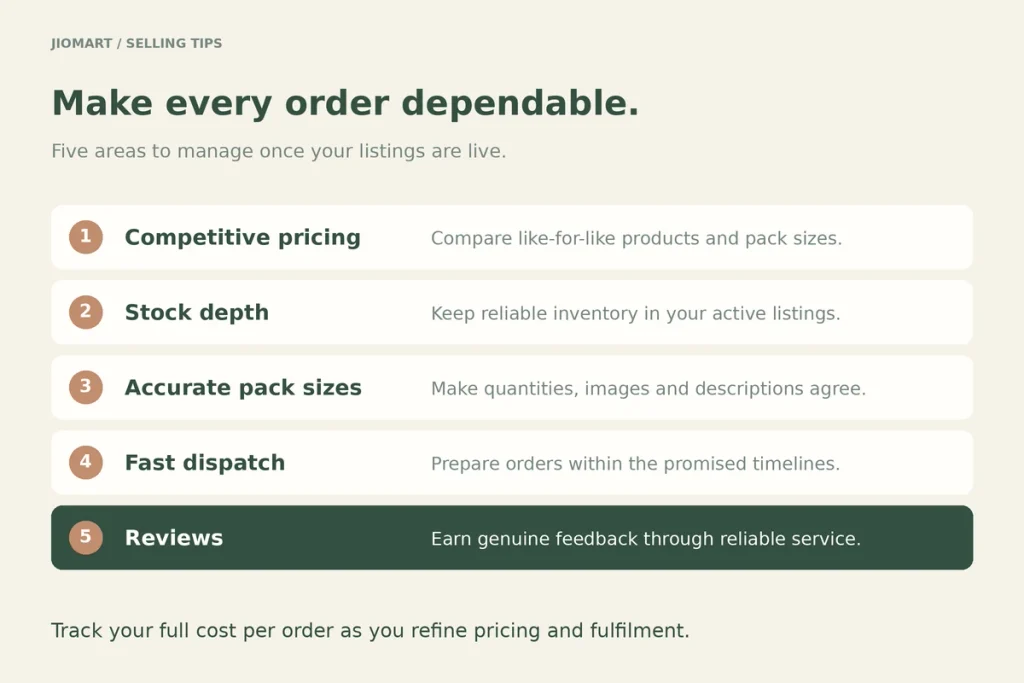 Tips card: competitive pricing, stock depth, accurate pack sizes, fast dispatch, reviews