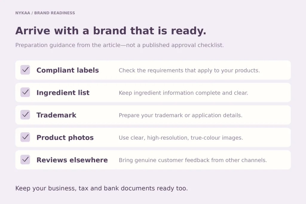 Brand readiness card: compliant labels, ingredient list, trademark, product photos, reviews elsewhere