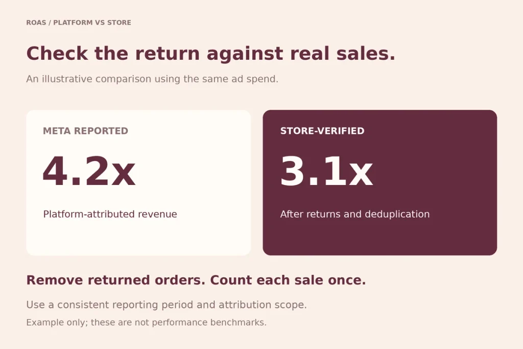 Two numbers compared: Meta reported ROAS 4.2x and store-verified ROAS 3.1x after returns and double counting