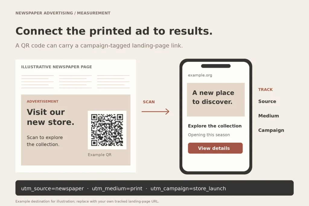 A printed newspaper ad with a QR code leading to a phone showing a landing page tagged with campaign tracking