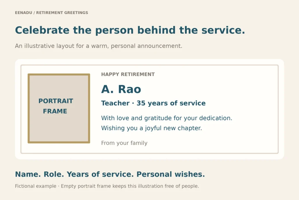 An illustrated retirement greeting ad with an empty portrait frame, fictional name, years of service and family wishes