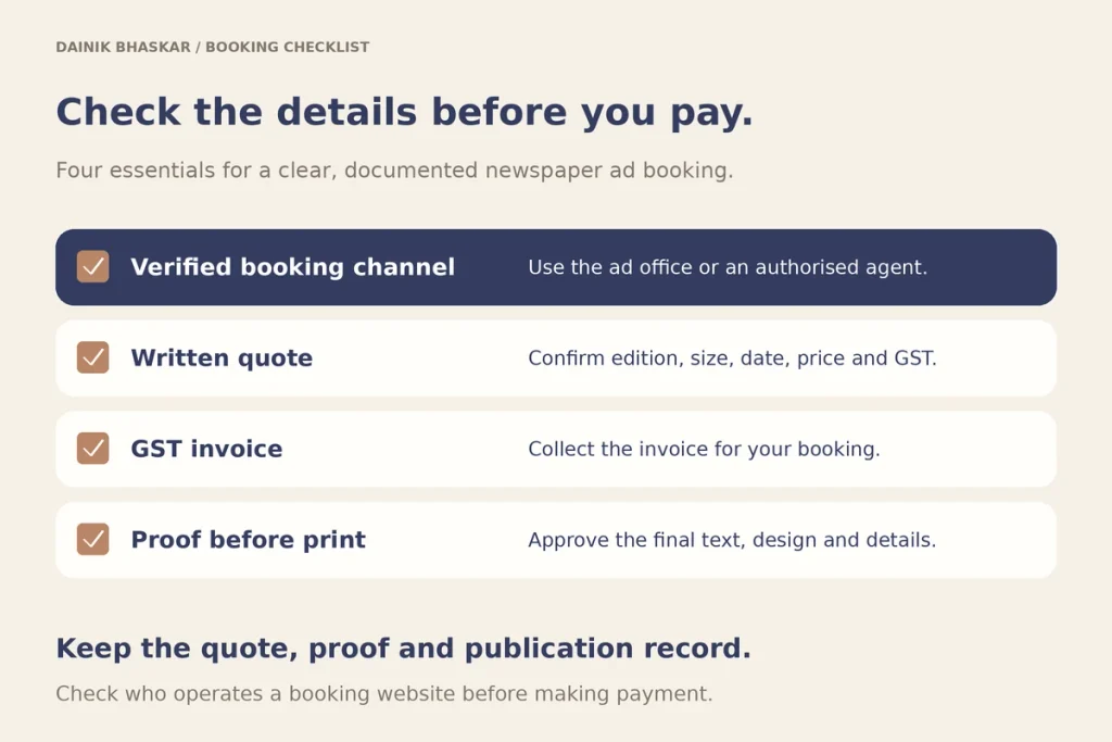 Checklist for booking a newspaper ad safely: official or authorised agent, written quote, GST invoice, proof before print