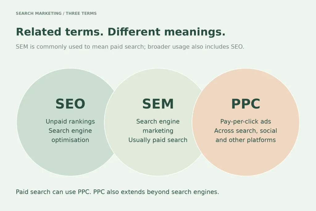 Three overlapping circles: SEO unpaid rankings, SEM search engine marketing, PPC pay per click ads on any platform