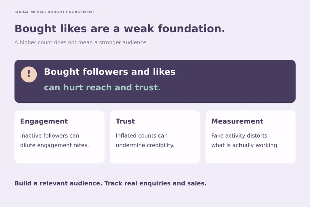 A warning card: bought followers and likes can hurt reach and trust