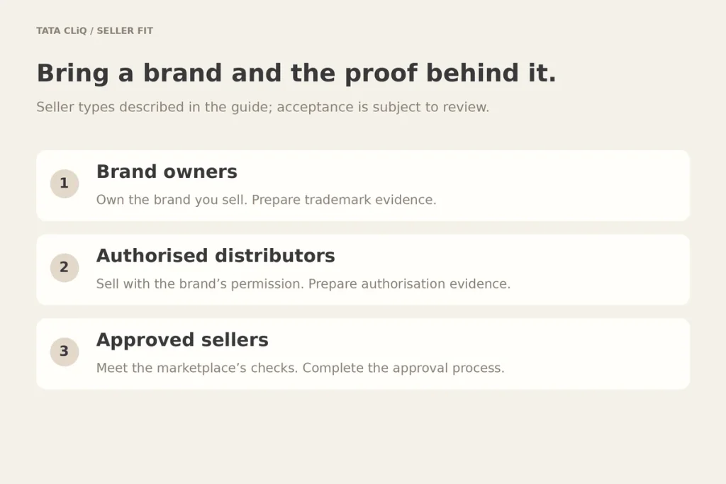 Three seller types accepted by curated marketplaces: brand owners, authorised distributors, approved sellers