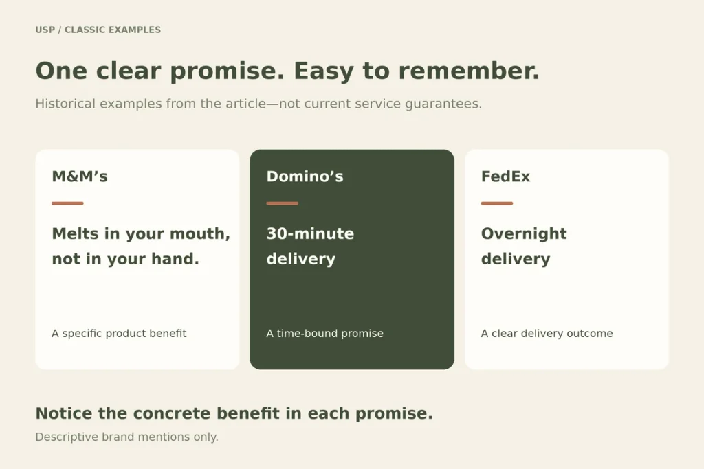 Cards with classic USP examples: melts in your mouth not in your hand, 30-minute delivery, overnight delivery
