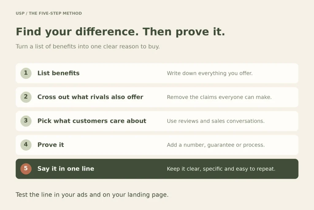 Five steps: list benefits, cross out what rivals also offer, pick what customers care about, prove it, say it in one line