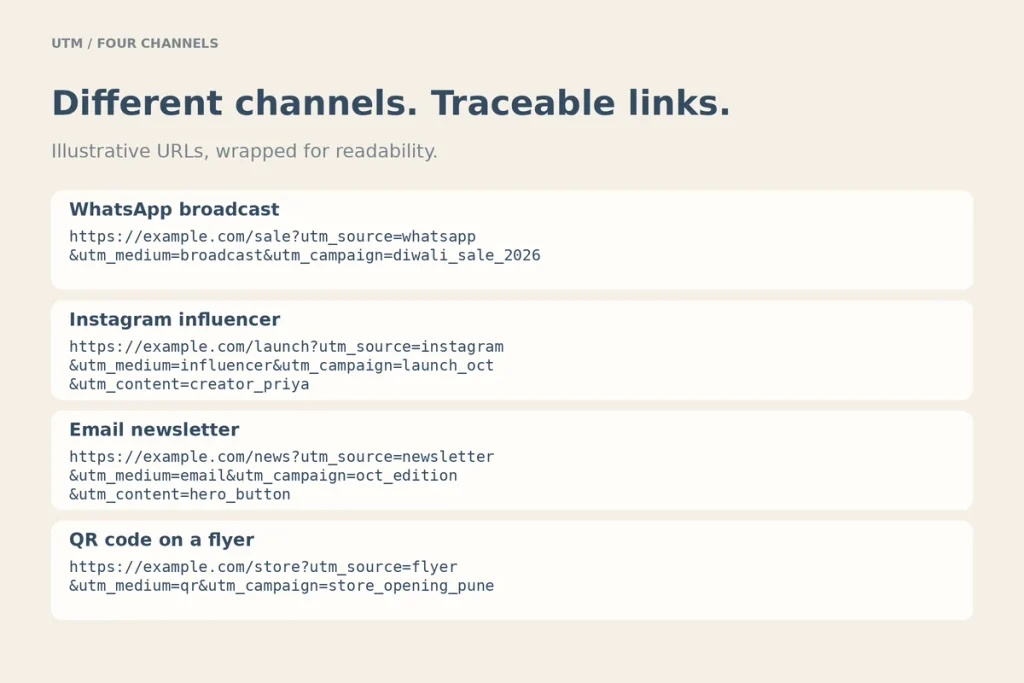 Example tagged links for a WhatsApp broadcast, an Instagram influencer, an email newsletter and a QR code on a flyer