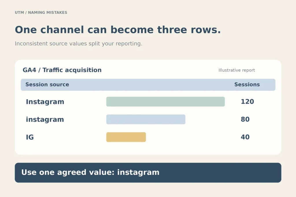 A GA4 report showing traffic split across Instagram, instagram and IG because of inconsistent tags