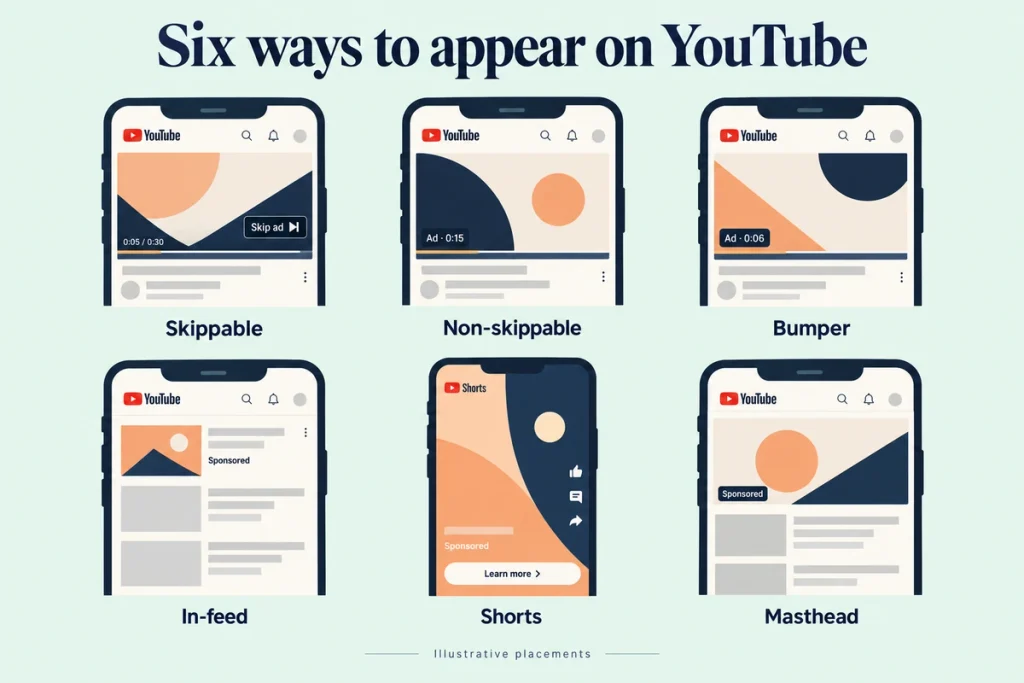 Six YouTube ad formats on phone screens: skippable, non-skippable, bumper, in-feed, Shorts and Masthead