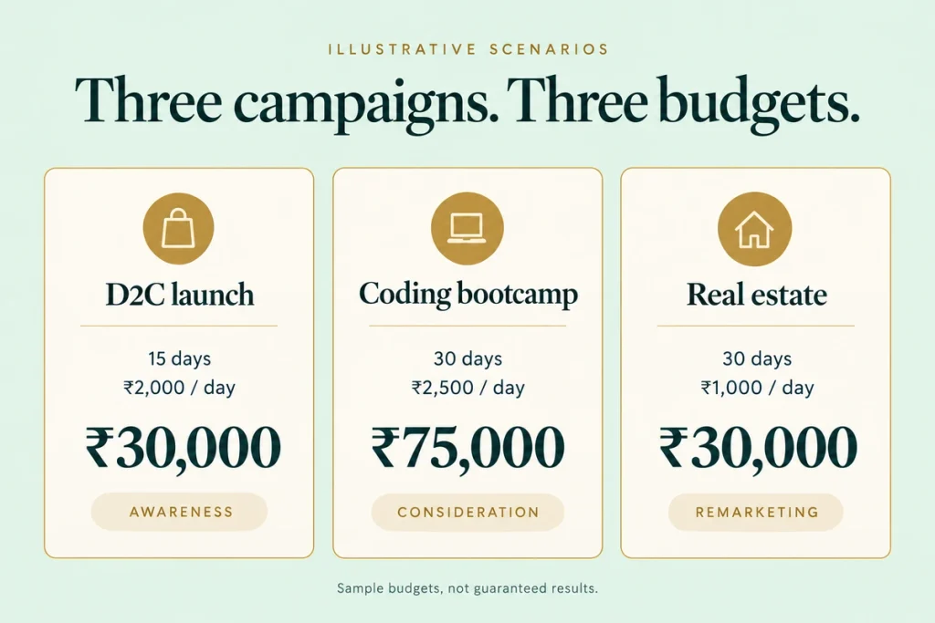 Three budget cards for a D2C launch, a coding bootcamp and a real estate remarketing campaign in rupees.