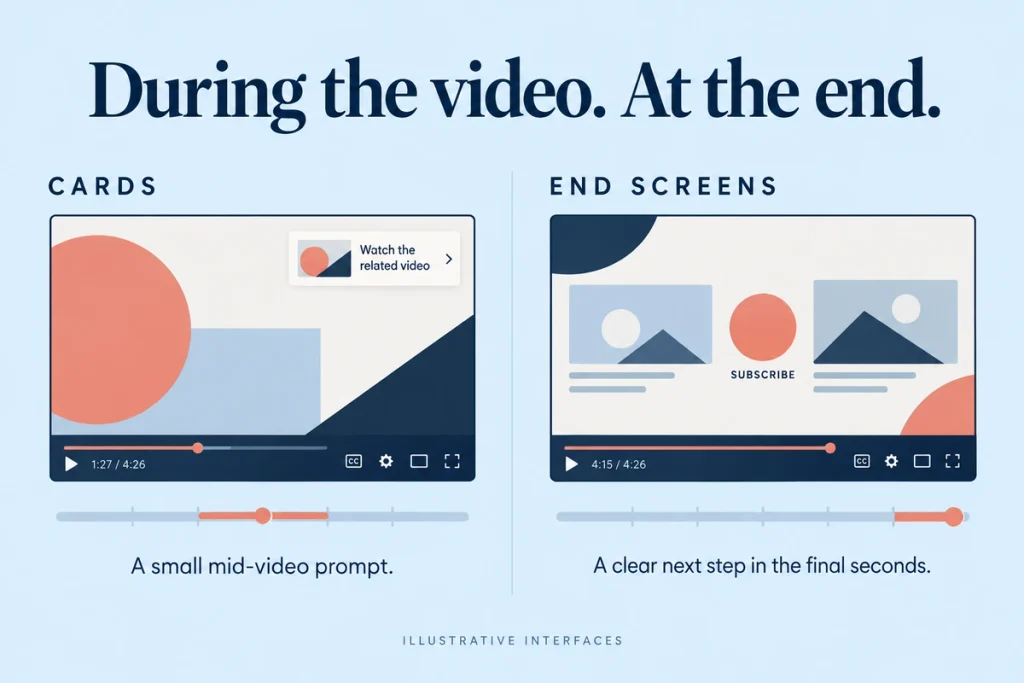A card teaser mid-video compared with a full end screen in the final seconds
