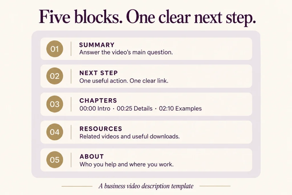 A YouTube description split into five labelled blocks: summary, next step, chapters, resources and about