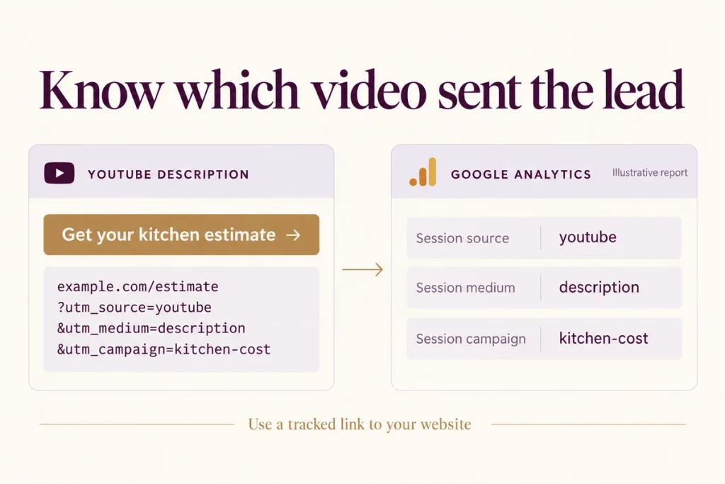 A description link with UTM parameters and the matching YouTube source shown in Google Analytics