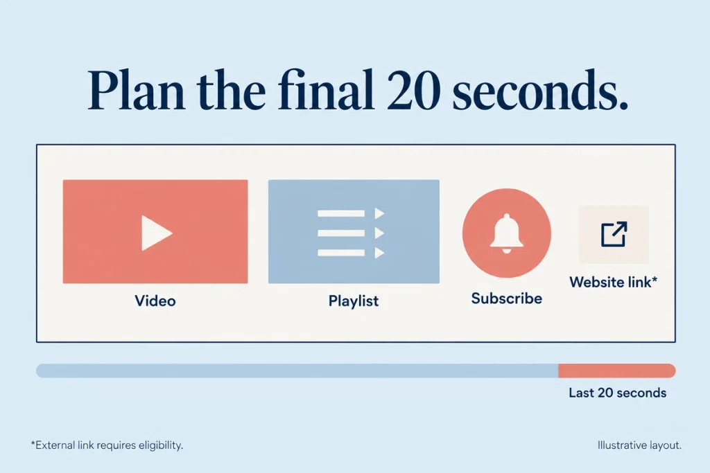 Video frame showing the last 20 seconds with four end screen elements: video, playlist, subscribe and link
