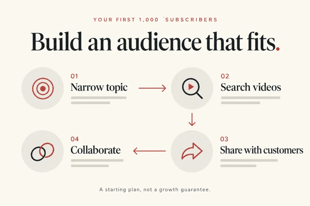 A four-step path: narrow topic, search videos, share with customers, collaborate.