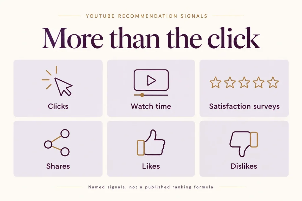 Signals YouTube has named: clicks, watch time, satisfaction surveys, shares, likes and dislikes