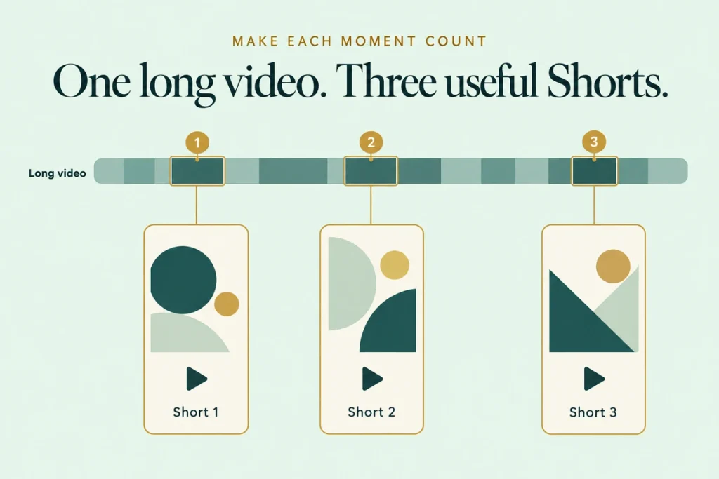 A long video timeline with three highlighted moments turned into vertical Shorts.