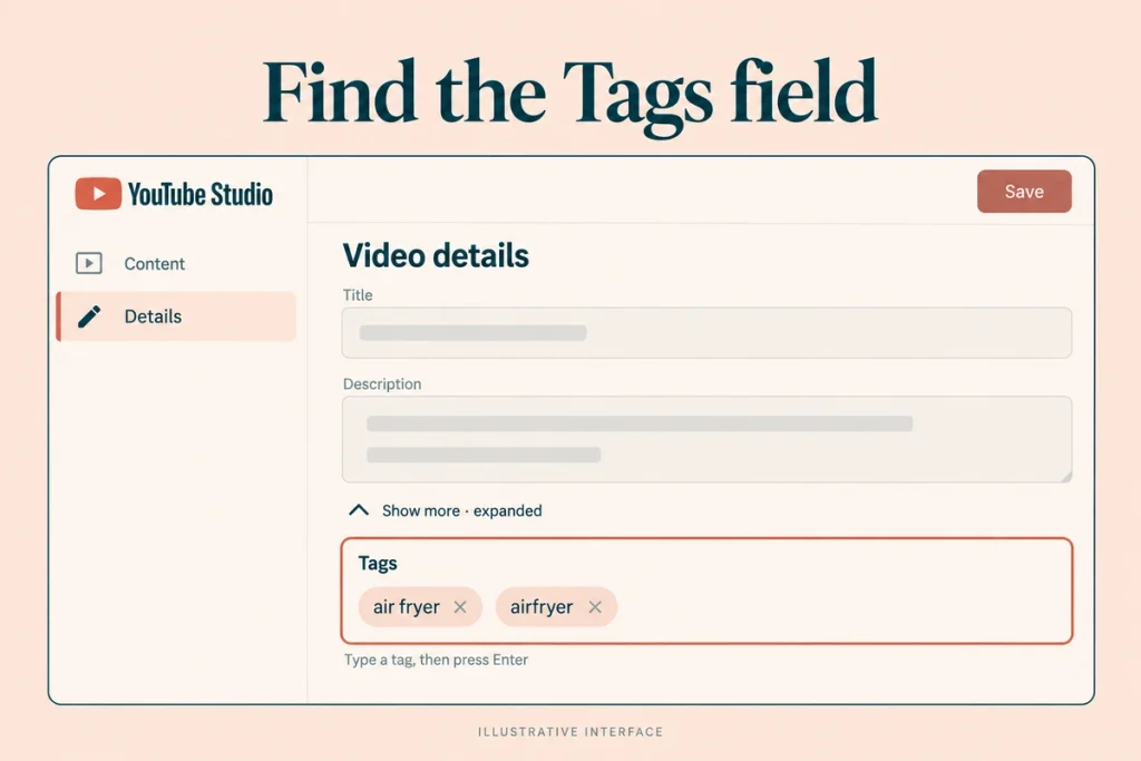 YouTube Studio fields with title, thumbnail and description highlighted as more important than tags
