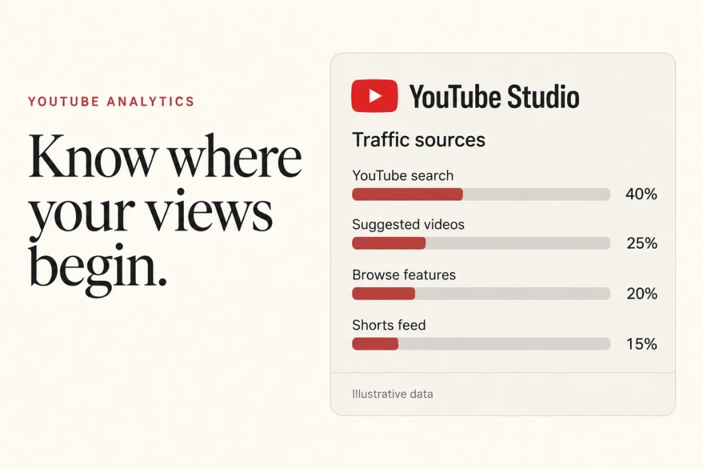YouTube Studio analytics showing traffic split between YouTube search, suggested videos, browse features and Shorts feed.
