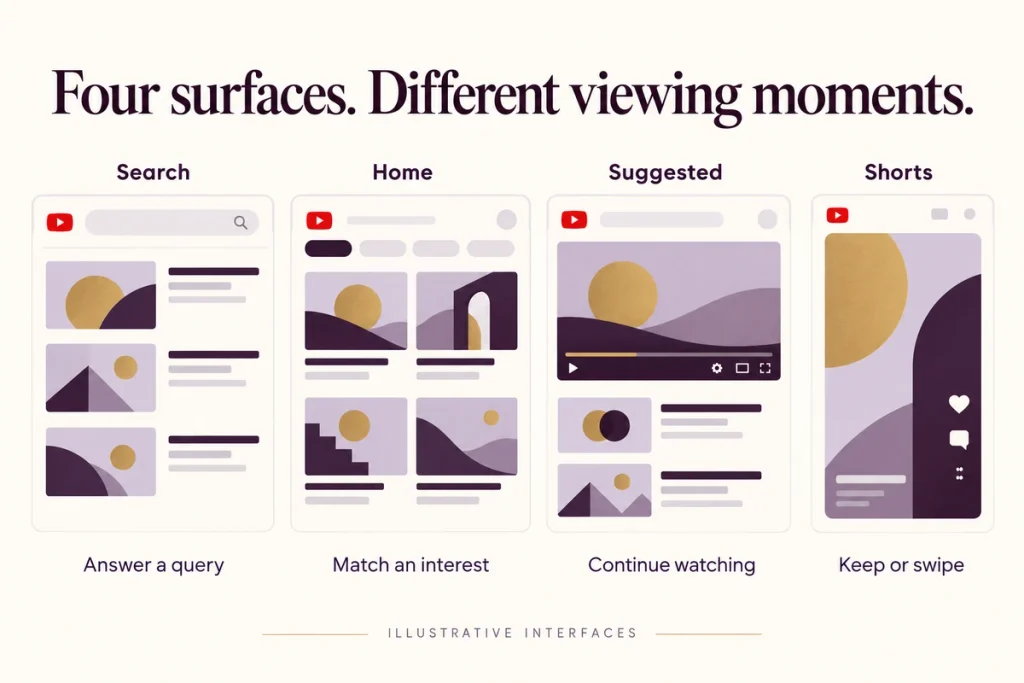 Four YouTube surfaces side by side: search results, home feed, suggested videos and the Shorts feed
