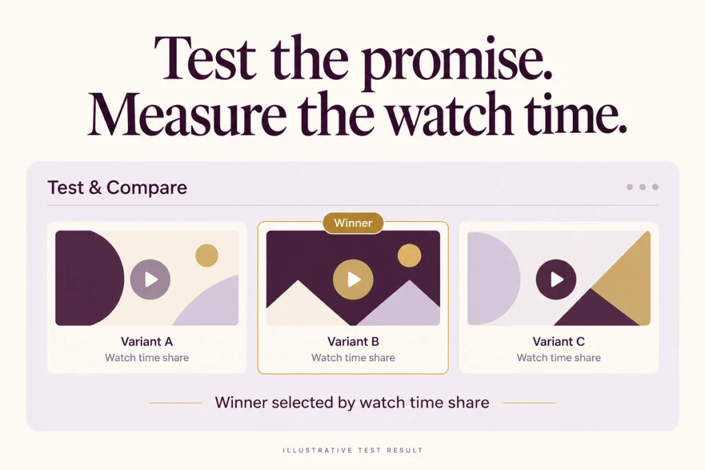 YouTube Studio Test and Compare with three thumbnail variants, the winner chosen by watch time share
