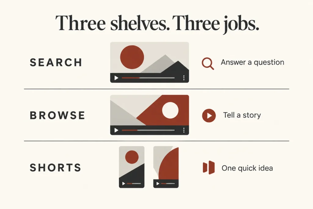 Diagram of three shelves labelled Search, Browse and Shorts, each holding a different type of video.