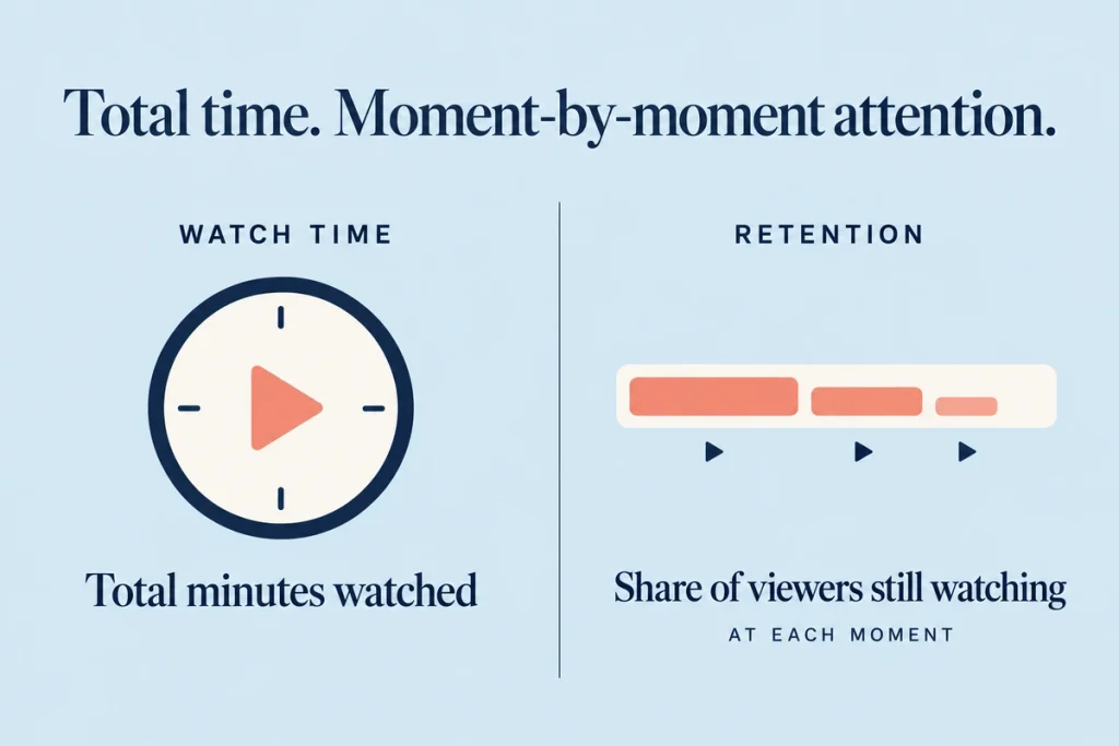 Side-by-side explanation of watch time as total minutes and retention as the share of viewers still watching.